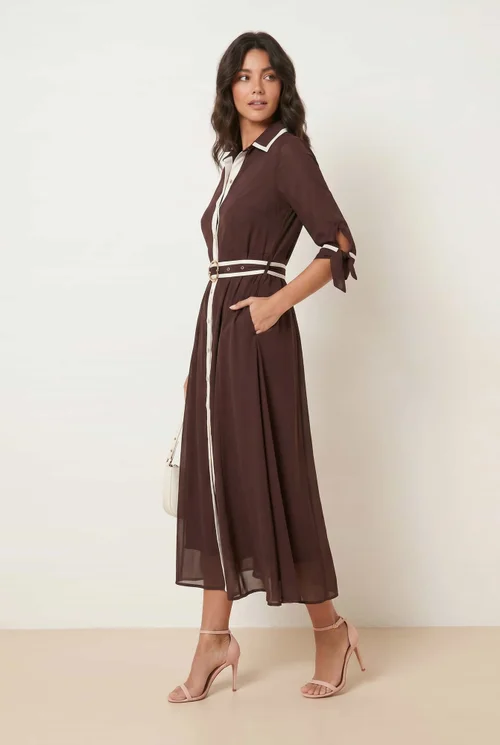 Style Cheat Tipped Daphne Dress Brown With White Tipping & Gold Buckle Belt - 12 Image 2