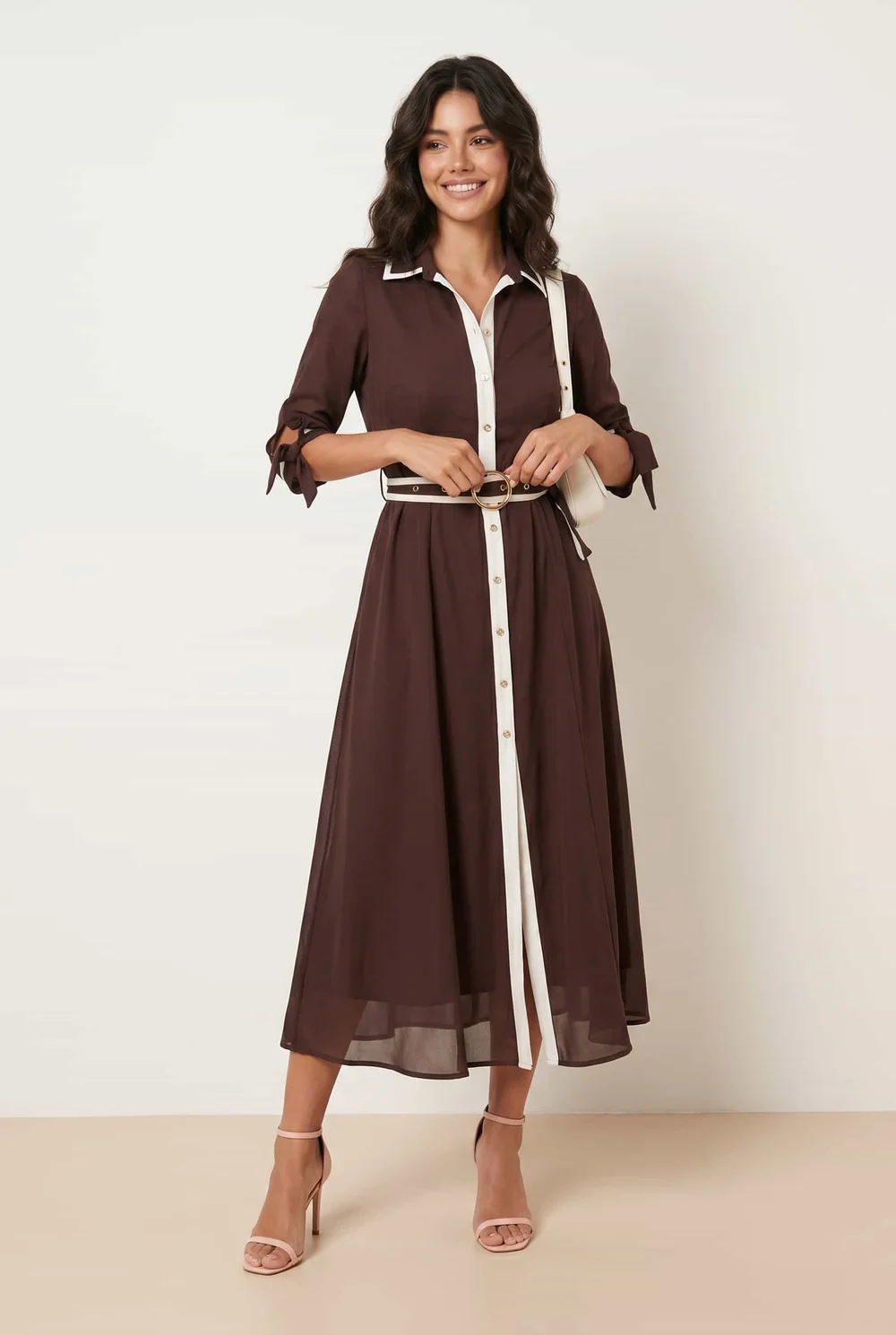 Style Cheat Tipped Daphne Dress Brown With White Tipping & Gold Buckle Belt - 12 Image 1