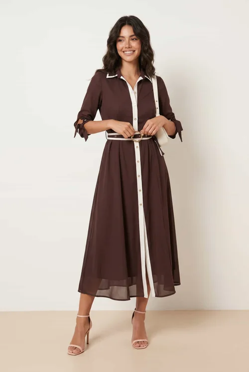 Style Cheat Tipped Daphne Dress Brown With White Tipping & Gold Buckle Belt - 12 Image 1
