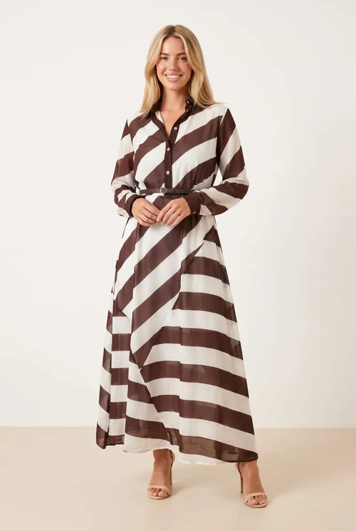 Stripe Belted Maxi Shirt Dress - Chocolate Stripe - 12 Image 1