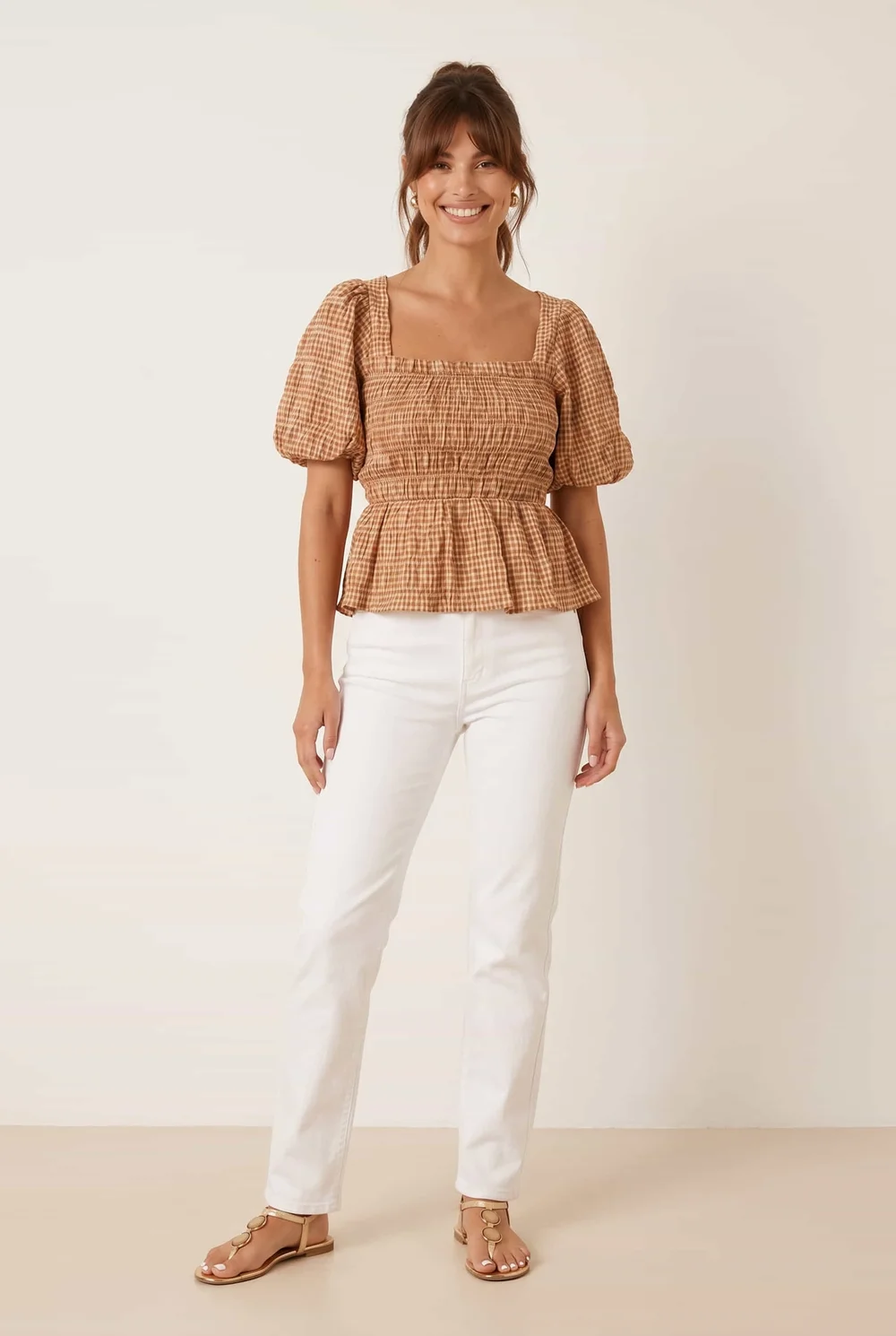 Style Cheat Tan Check Shirred Top - 8 Image 2