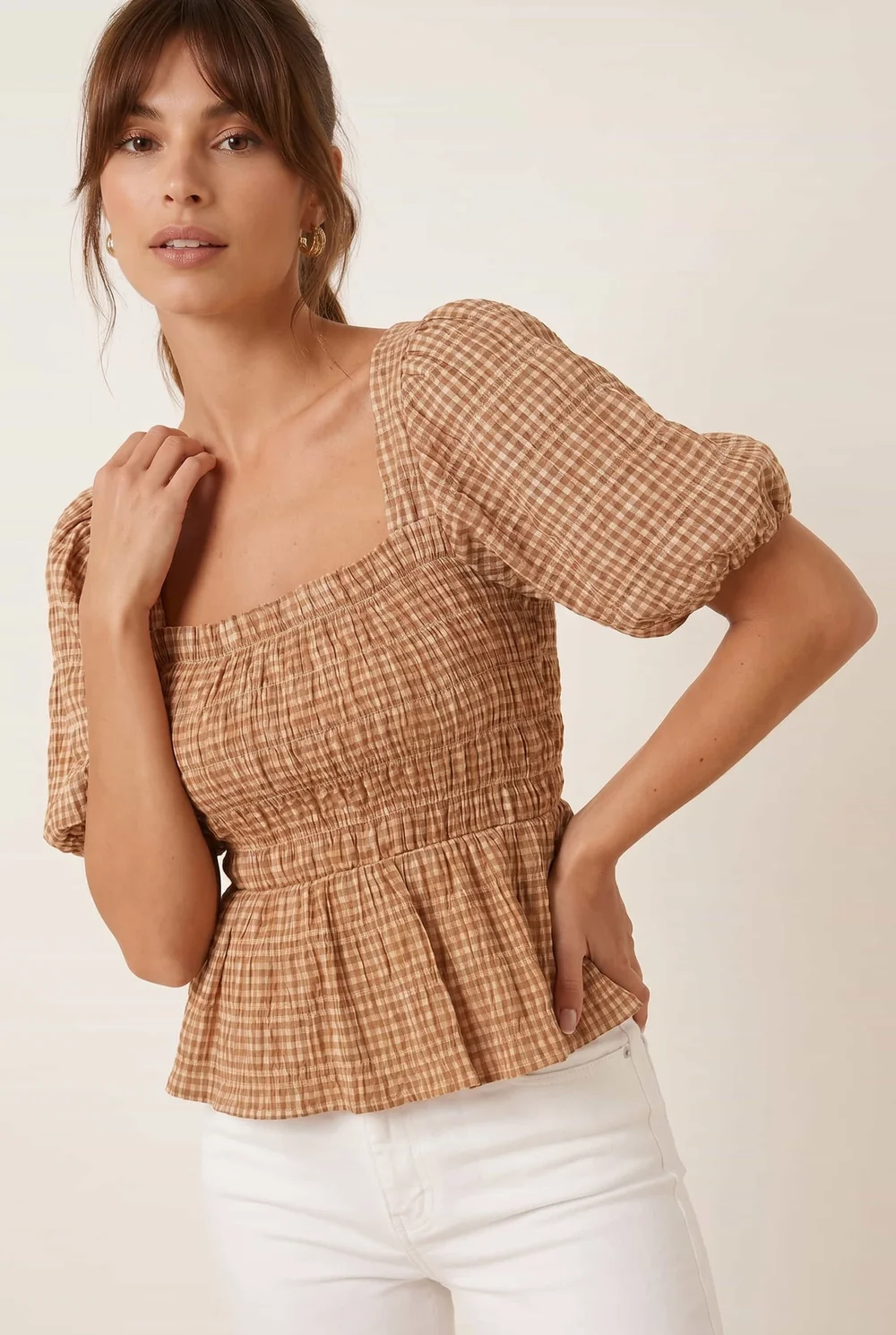 Style Cheat Tan Check Shirred Top - 8 Image 1