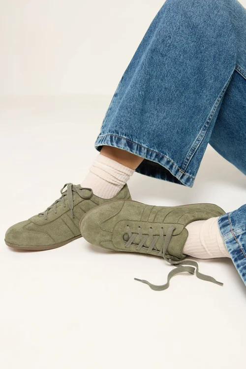 Yours Sage Green Faux Suede Low Retro Stripe Trainers In Extra Wide EEE Fit - 7 Extra Wide Image 2