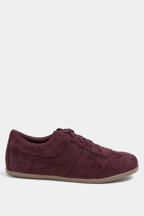Yours Burgundy Red Faux Suede Low Retro Stripe Trainers In Extra Wide EEE Fit - 4 Extra Wide Image 1