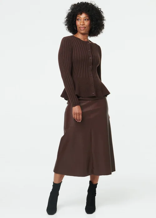 Izabel London Brown Striped Texture Buttoned Peplum Cardigan - 12 Image 1