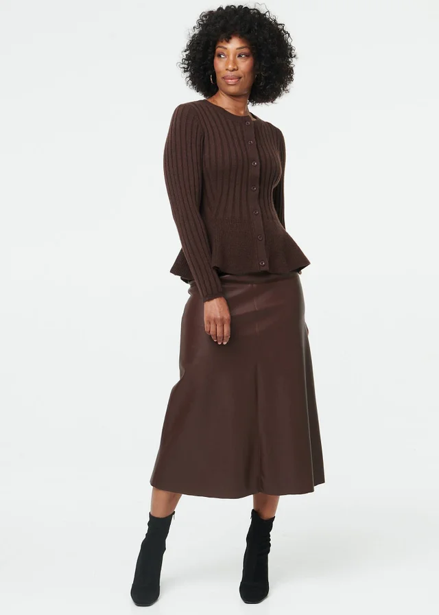 Izabel London Brown Striped Texture Buttoned Peplum Cardigan