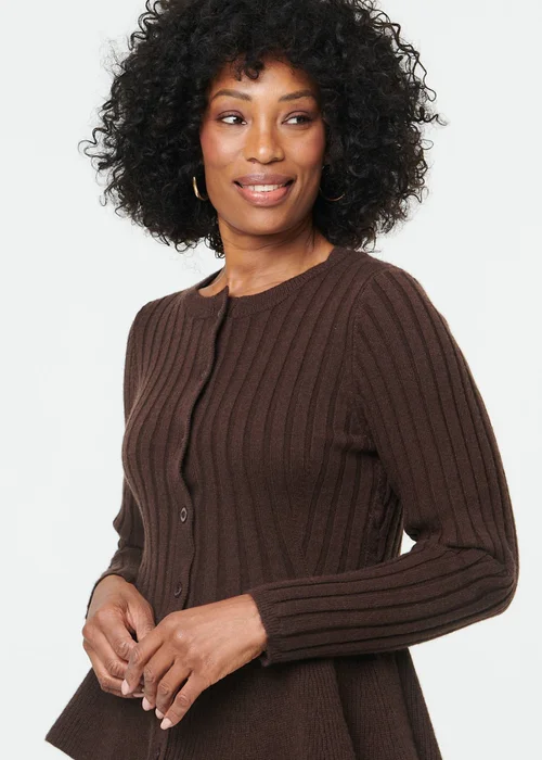 Izabel London Brown Striped Texture Buttoned Peplum Cardigan - 12 Image 4