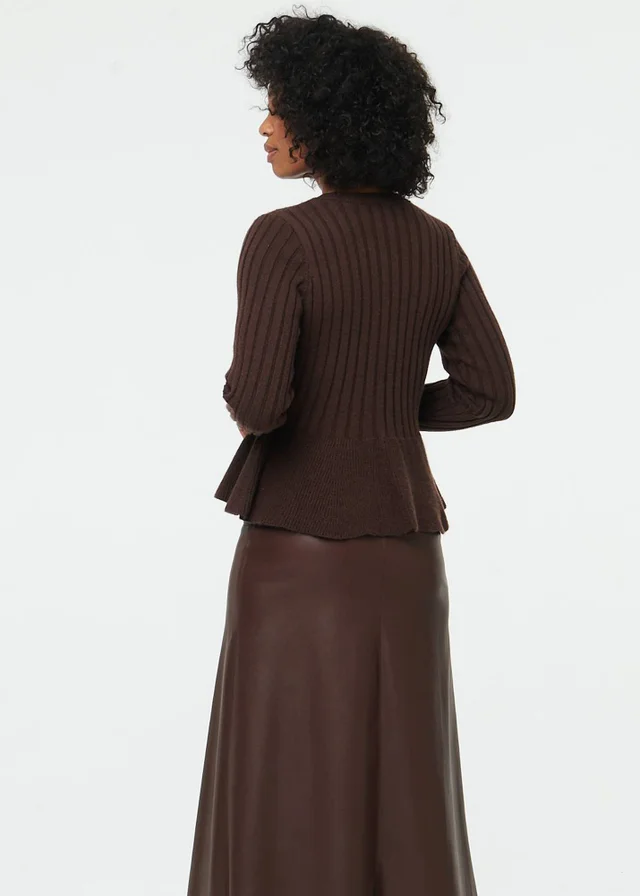 Izabel London Brown Striped Texture Buttoned Peplum Cardigan