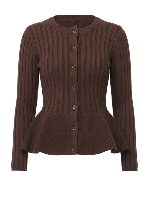 Izabel London Brown Striped Texture Buttoned Peplum Cardigan - 12 Image 5