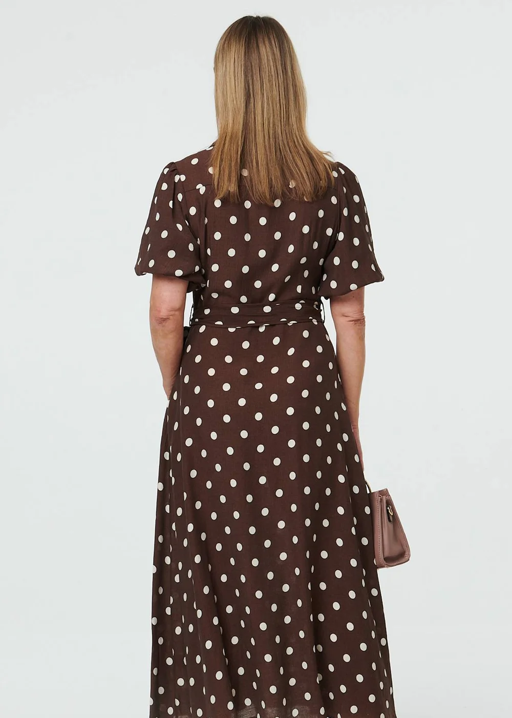 Izabel London Brown Polka Dot Tie A-Line Midi Shirt Dress - 10 Image 2