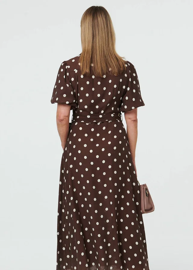 Izabel London Brown Polka Dot Tie A-Line Midi Shirt Dress
