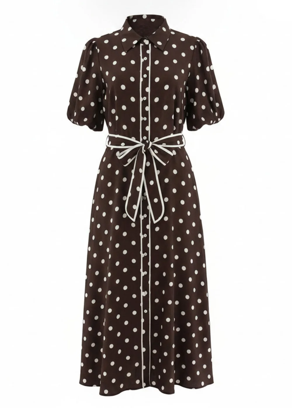 Izabel London Brown Polka Dot Tie A-Line Midi Shirt Dress - 10 Image 5