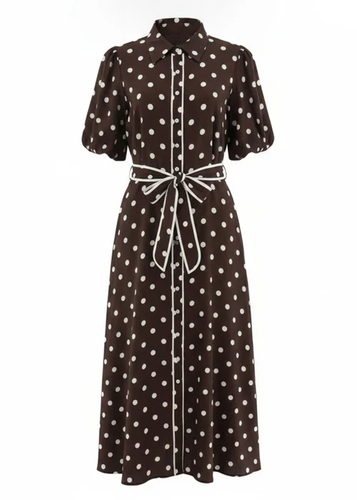 Izabel London Brown Polka Dot Tie A-Line Midi Shirt Dress - 10 Image 5