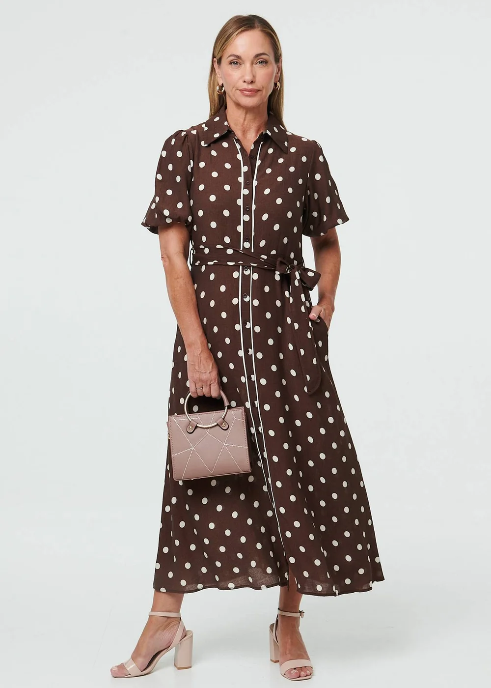 Izabel London Brown Polka Dot Tie A-Line Midi Shirt Dress - 10 Image 1