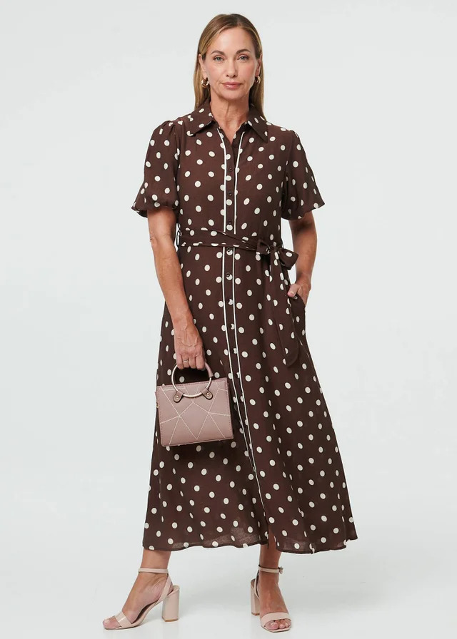 Izabel London Brown Polka Dot Tie A-Line Midi Shirt Dress