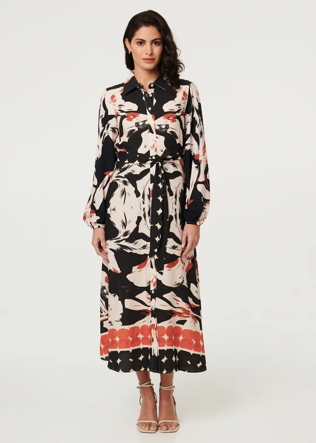 Izabel London Multi Black Abstract Long Sleeve Midi Shirt Dress