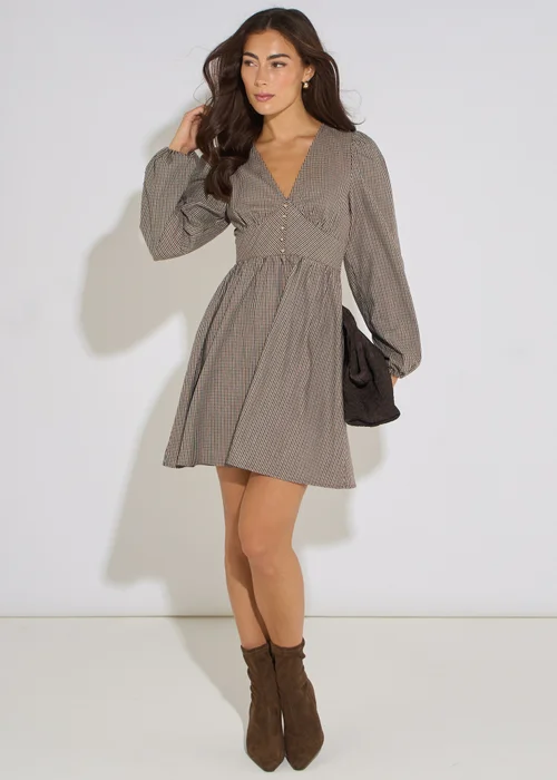 Gini London Brown Check Long Sleeves Mini Dress - 8 Image 1