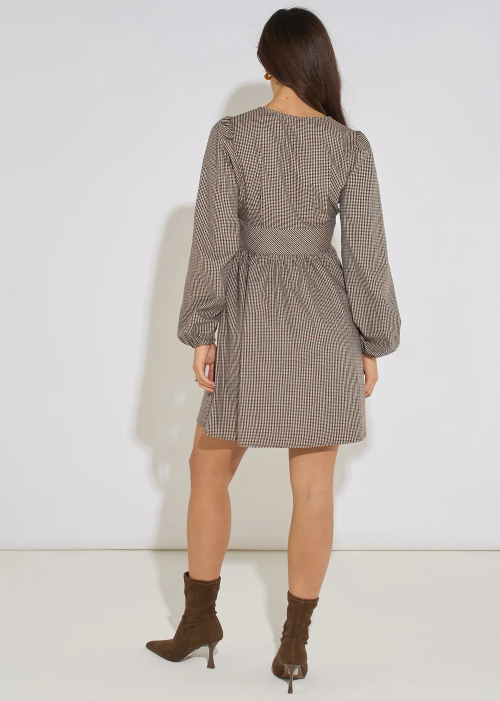 Gini London Brown Check Long Sleeves Mini Dress - 8 Image 2