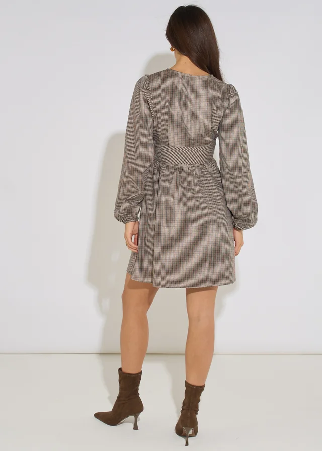 Gini London Brown Check Long Sleeves Mini Dress