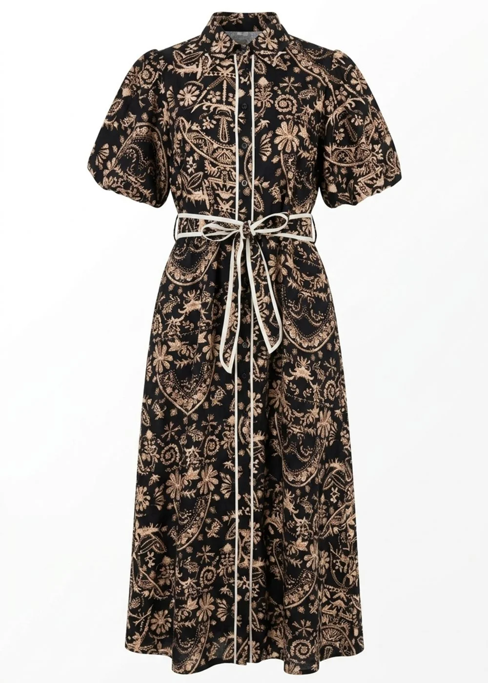 Izabel London Black Printed Puff Sleeve Tie Midi Shirt Dress - 12 Image 5