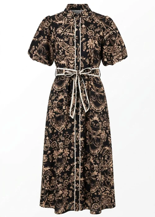 Izabel London Black Printed Puff Sleeve Tie Midi Shirt Dress - 12 Image 5