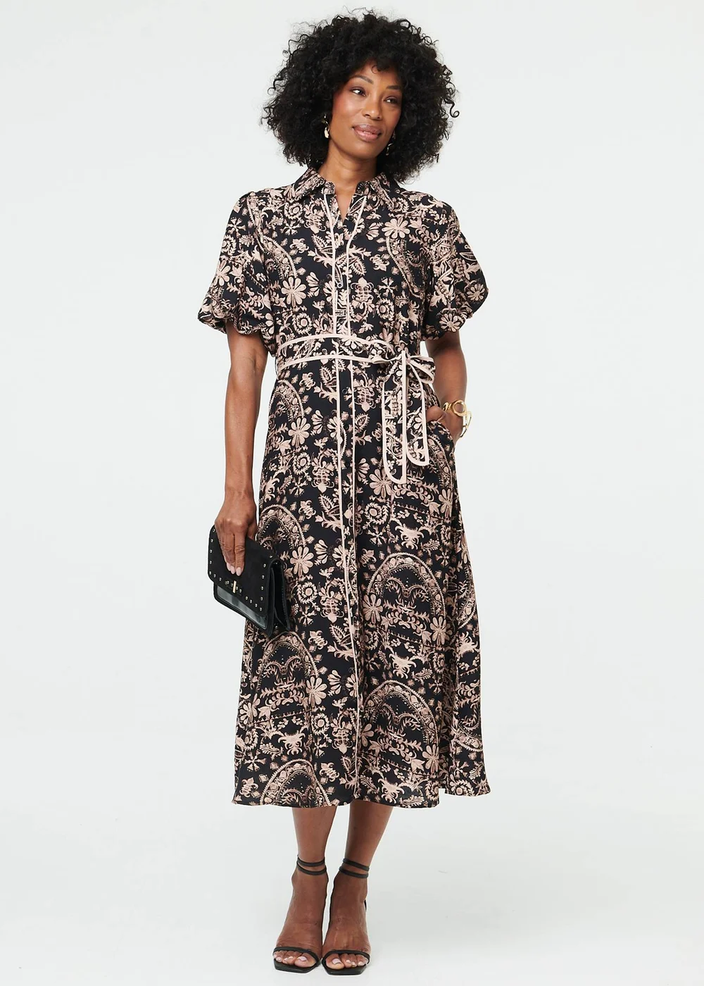 Izabel London Black Printed Puff Sleeve Tie Midi Shirt Dress - 12 Image 1