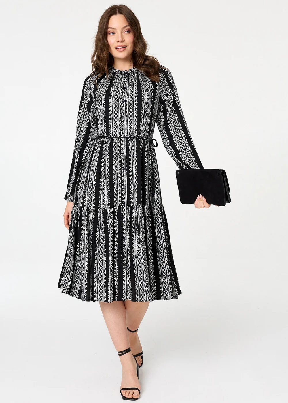 Izabel London Black Geo Print Tiered Long Sleeve Midi Dress - 16 Image 1