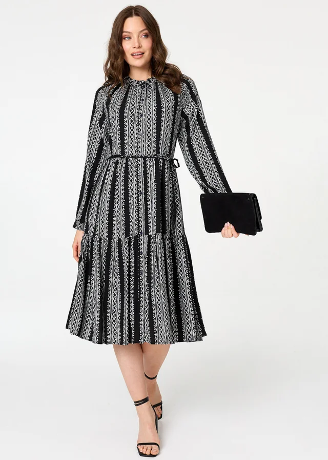 Izabel London Black Geo Print Tiered Long Sleeve Midi Dress