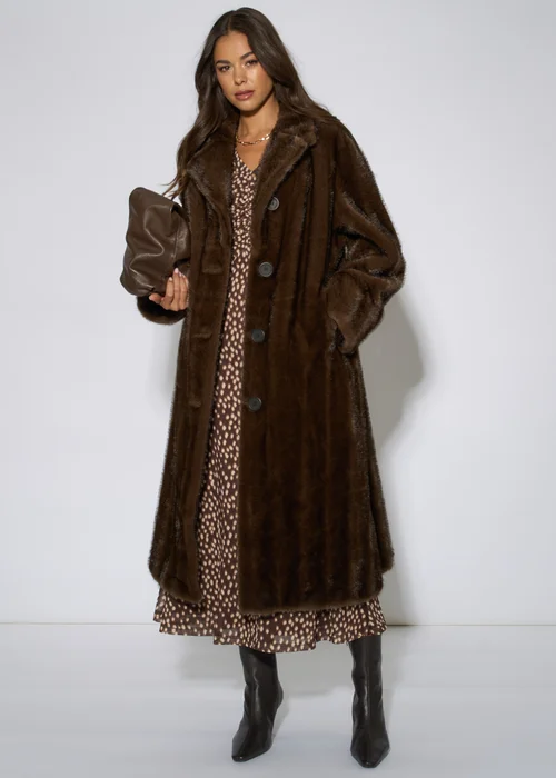 Gini London Brown 2 Tone Maxi Faux Fur Coat Jacket - S/M Image 1