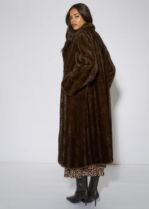 Gini London Brown 2 Tone Maxi Faux Fur Coat Jacket - S/M Image 2