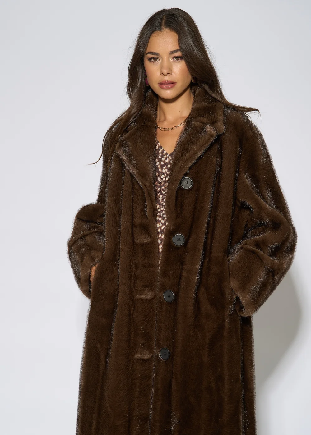 Gini London Brown 2 Tone Maxi Faux Fur Coat Jacket - S/M Image 3