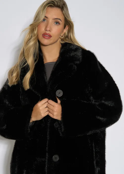 Gini London Black 2 Tone Maxi Faux Fur Coat Jacket - L/XL Image 3
