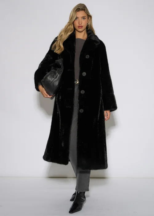 Gini London Black 2 Tone Maxi Faux Fur Coat Jacket - L/XL Image 1