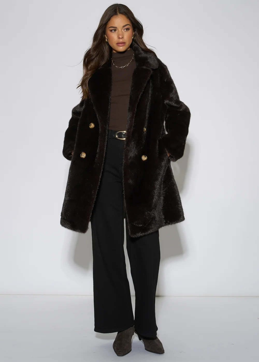 Gini London Bitter Chocolate Double Breasted Faux Fur Coat - L/XL Image 1
