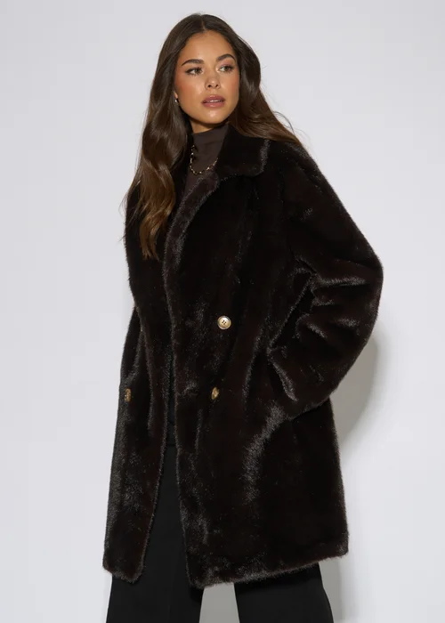 Gini London Bitter Chocolate Double Breasted Faux Fur Coat - L/XL Image 4