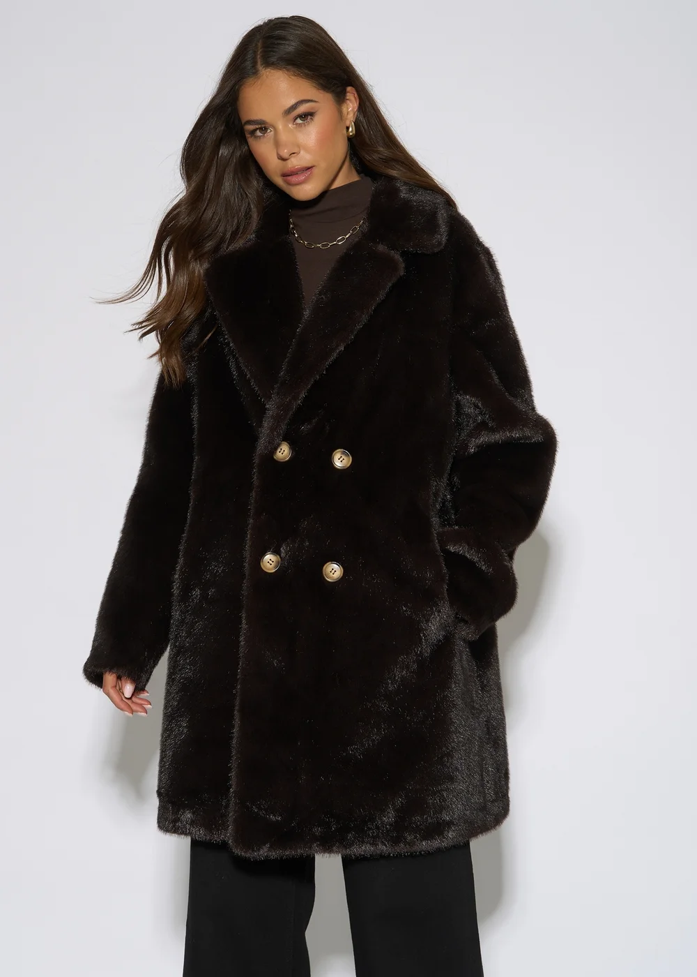 Gini London Bitter Chocolate Double Breasted Faux Fur Coat - L/XL Image 3