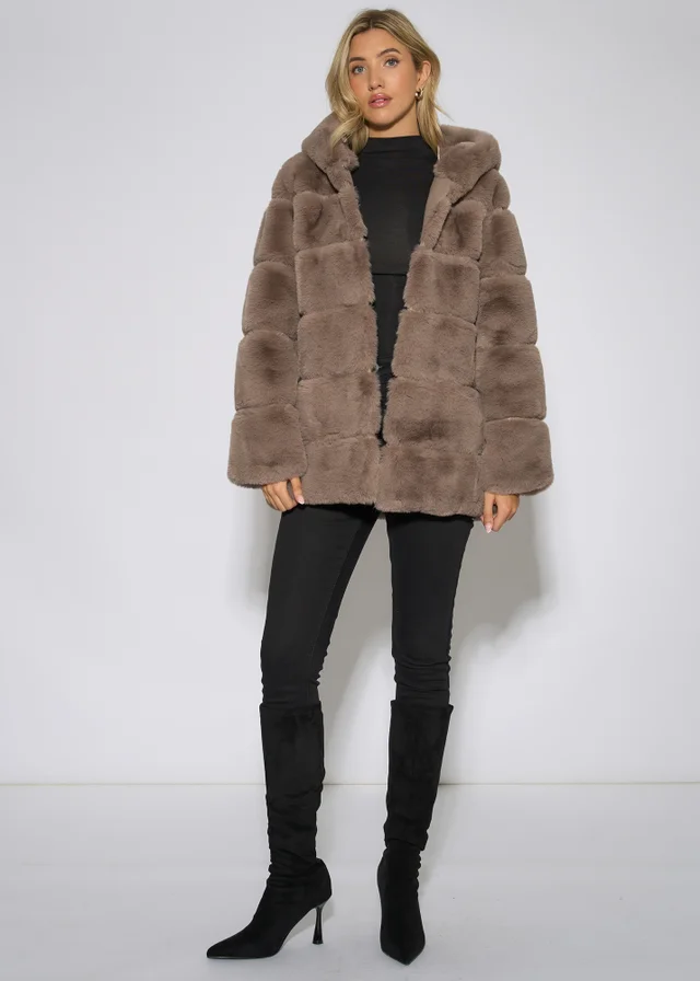 Gini London Mocha Horizontal Cut Fur Hooded Jacket