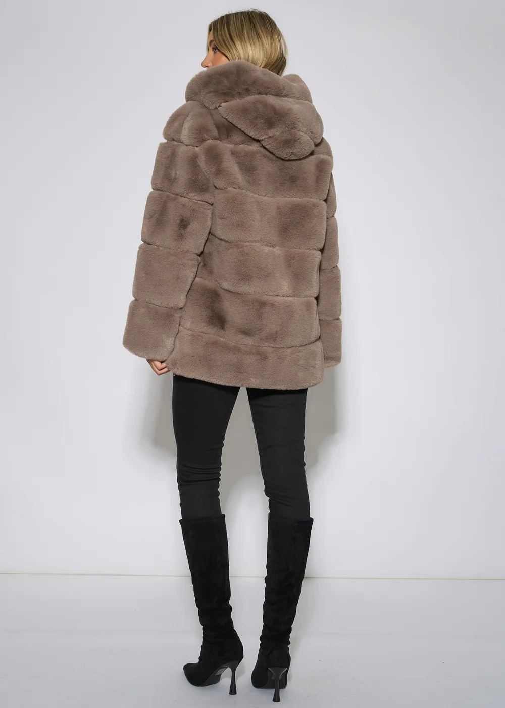 Gini London Mocha Horizontal Cut Fur Hooded Jacket - S/M Image 2