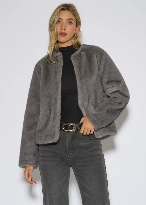 Gini London Mid Grey Short Faux Fur Jacket - M/L Image 3