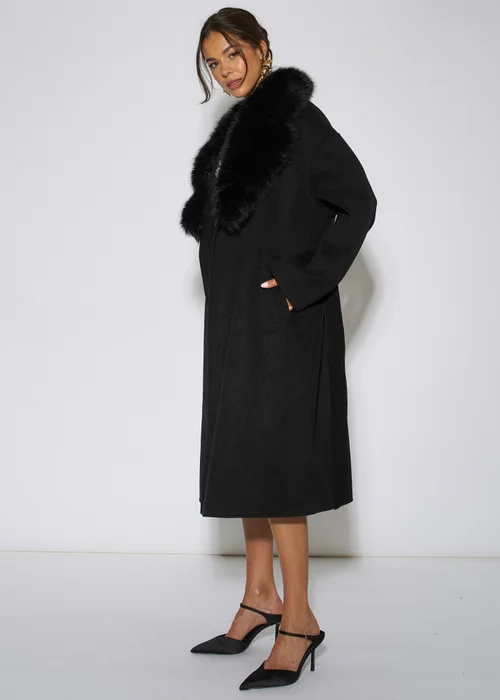 Gini London Black Faux Fur Trim Collar Longline Coat - 8 Image 4