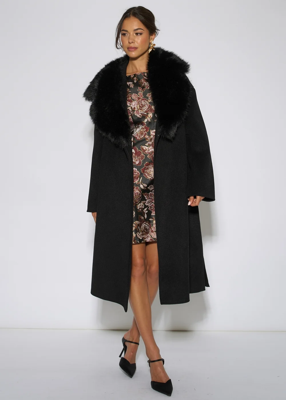 Gini London Black Faux Fur Trim Collar Longline Coat - 8 Image 1