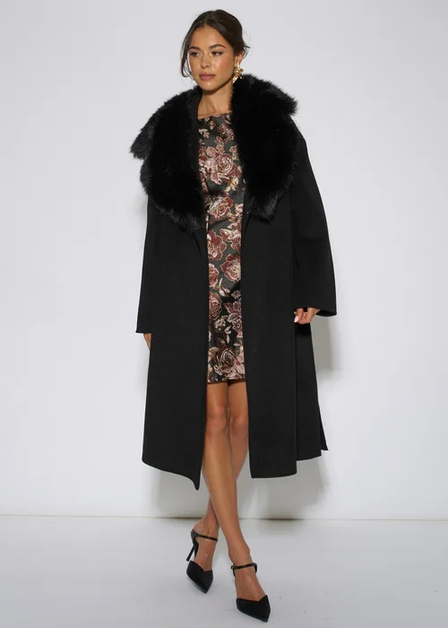 Gini London Black Faux Fur Trim Collar Longline Coat - 8 Image 1