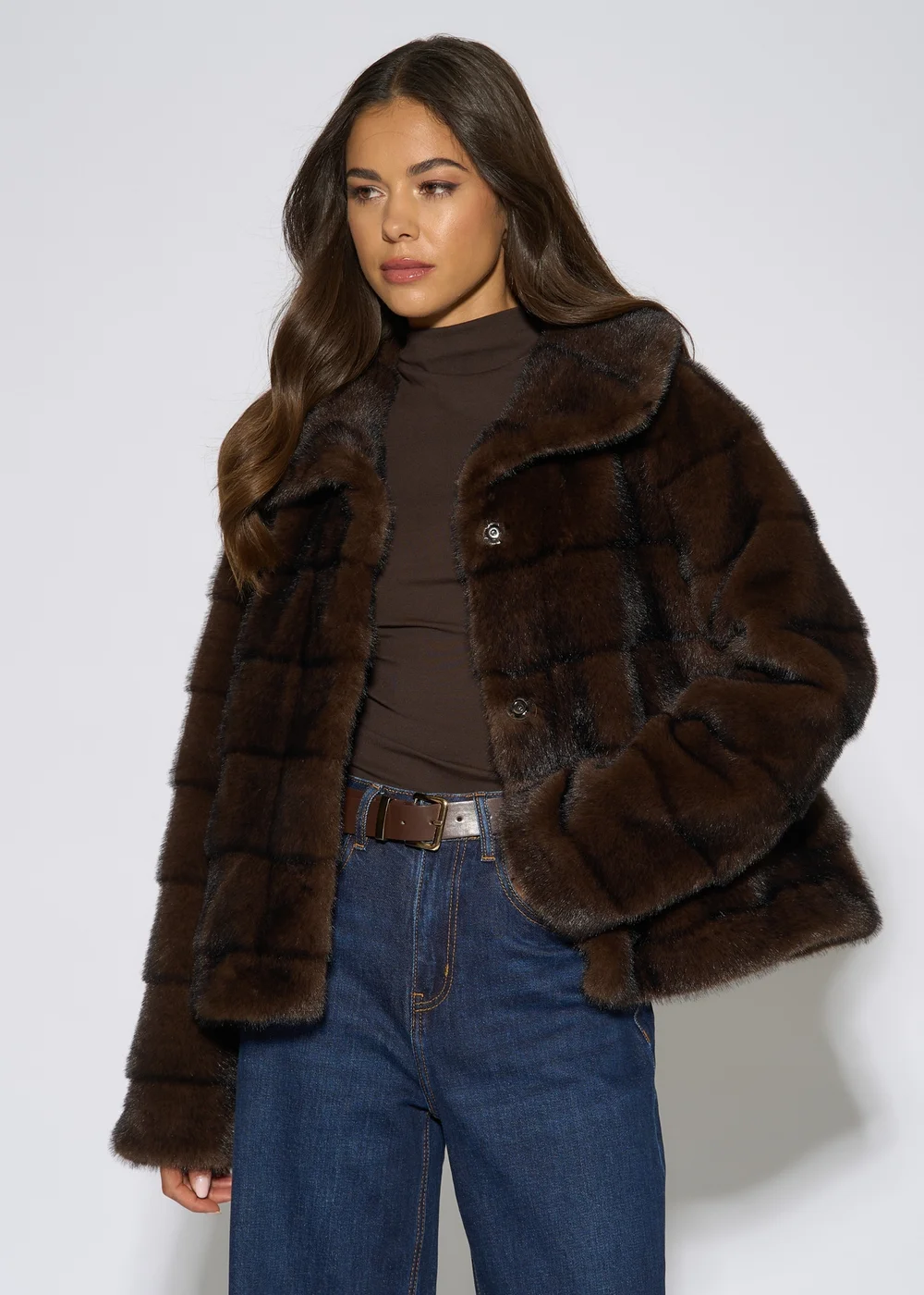 Gini London Brown Panelled Faux Fur Jacket - L/XL Image 3
