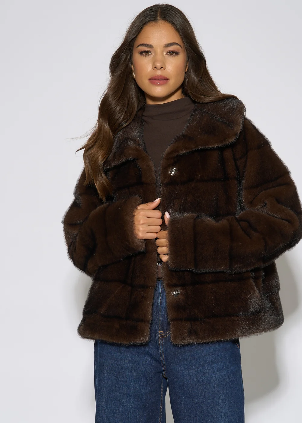 Gini London Brown Panelled Faux Fur Jacket - L/XL Image 1