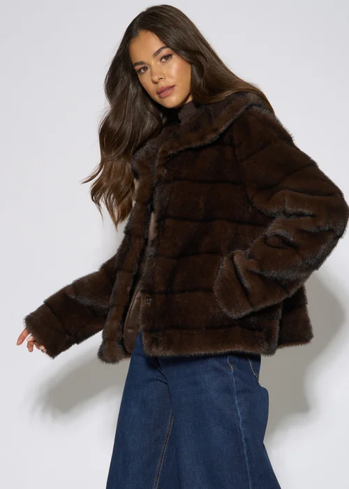 Gini London Brown Panelled Faux Fur Jacket - L/XL Image 4
