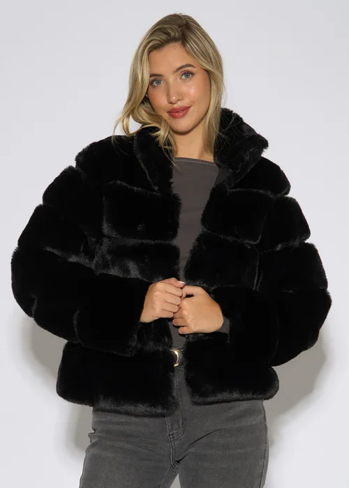 Gini London Black Panelled Funnel Neck Faux Fur Jacket - S/M Image 4