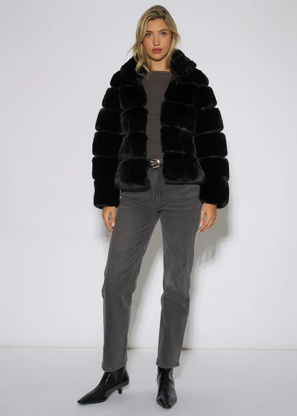 Gini London Black Panelled Funnel Neck Faux Fur Jacket - S/M Image 1