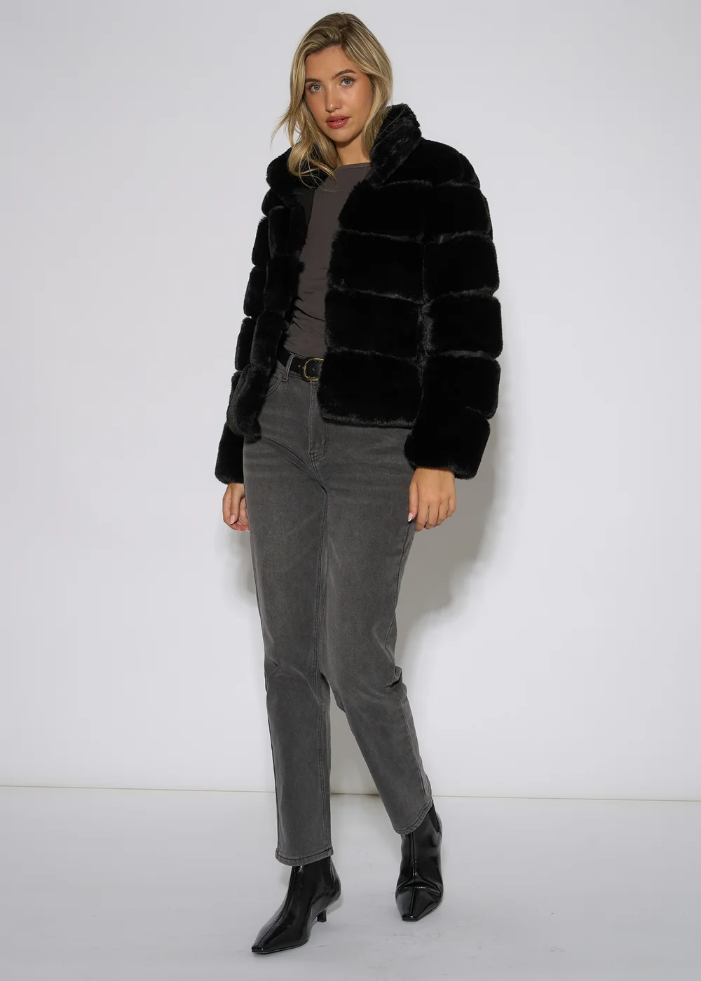 Gini London Black Panelled Funnel Neck Faux Fur Jacket - S/M Image 3