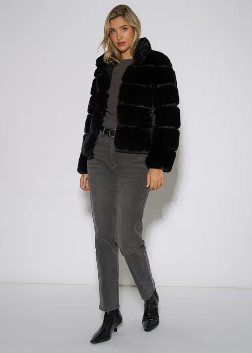 Gini London Black Panelled Funnel Neck Faux Fur Jacket - S/M Image 3