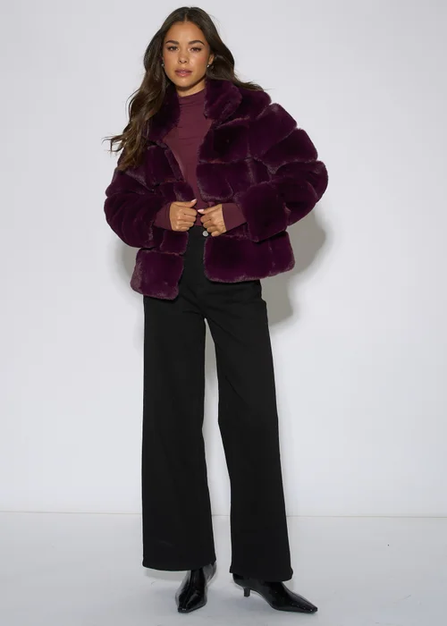 Gini London Plum Panelled Funnel Neck Faux Fur Jacket - S/M Image 1